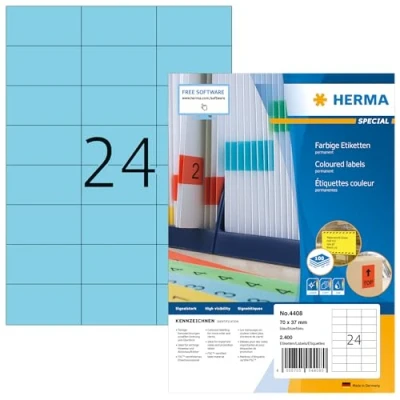 Image of HERMA Self Adhesive Coloured Labels, 24 Labels per A4 Sheet, 100 Sheets, 70 x 37 mm, 2400 Blank Colour Stickers, Sticky for Laser &amp; Inkjet Printer, Blue