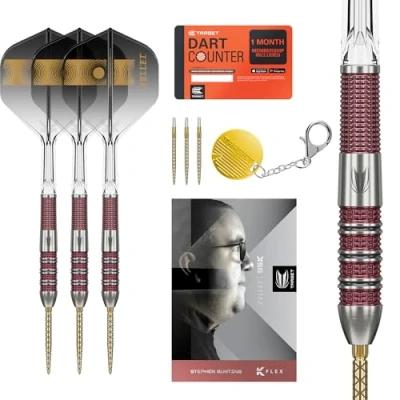 Image of TARGET Darts Stephen Bunting 95K Swiss Point Steel Tip Dart Set, 18G Kflex Flights &amp; Shafts, The Bullet Player Edition 95% Tungsten Darts, Spare Gold DX Points Premium Keyring SP Tool