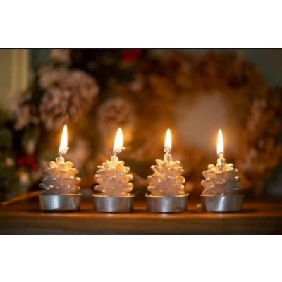 Image of Marco Paul Christmas Pinecone Winter Tealight Wax Candles Set of 4 Table Decorations Setting Candle Holder Silver Fireplace Xmas Ornament Gift Boxed Home