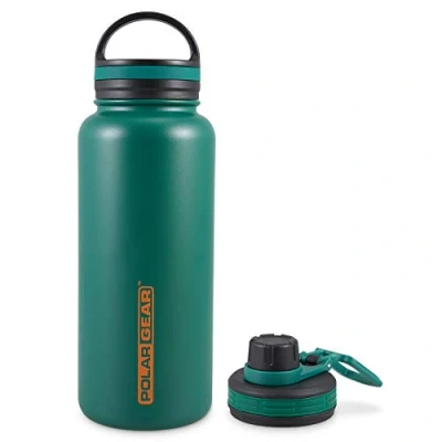 Image of Polar Gear 1 Litre Water Bottle with 2 Lids Vacuum Insulated, Double Wall, Leakproof Stainless Steel Metal 12H Hot, 24H Cold 1l for Sports, Gym, Work Green
