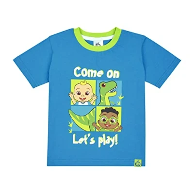 Image of CoComelon Boys T shirt, JJ Cody and Dino Ages 9 Months to 5 Years Old (4 Years) Blue