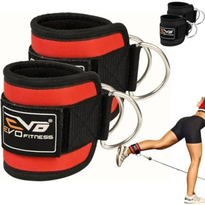 Image of EVO PAIR Pulley Cable Machines Attachment Neoprene Ankle Cuff Gym Straps Weight Lifting Stainless Steel Ring Fitness Leg Workout Men Women [Sold as Pair]