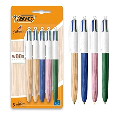 Image of BIC 4 Colours Wood Effect Pens, Multi Coloured Pens All In One, Retractable Medium 1.0mm, Green, Blue, Red, Black, 5 Per Pack, 1 Pack