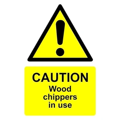 Image of Caution wood chippers in use safety sign Self adhesive sticker (200mm x 150mm)