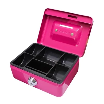 Image of Cathedral Products Key Lockable Cash Box with Coin Slot and Lift Out 6 Compartment Tray 4 Inch Pink