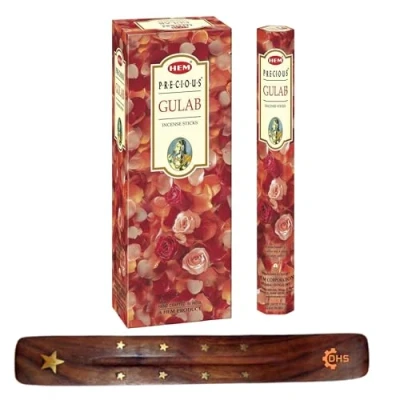Image of HEM Incense sticks PRECIOUS GULAB Full box of 6 with DHS stick holder for Yoga, Meditation, Healing, Spirituality, Aromatherapy, Spa and Relaxation…