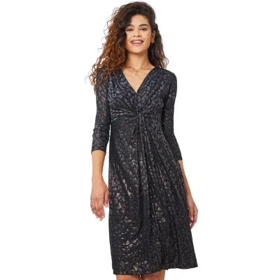 Image of Roman Womens Animal Print Shimmer Twist Wrap Dress Black Velvet Size 20 UK