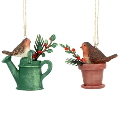 Image of Gisela Graham Robin on Watering Can/Flower Pot Christmas Tree Decorations set of two