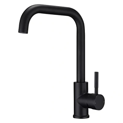 Image of Kitchen Sink Mixer Tap Rectangle Monobloc L Shap 360 Swivel Spout Mixers Faucet Taps Single Lever with Air in Aerator UK Standard Fittings Matte Black