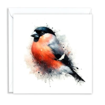 Image of British Bullfinch Wild Birds Watercolour Splash Effect Artistic Blank Greeting Card