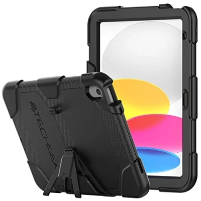 Image of TECHGEAR G SHOCK Design for iPad 10 2022 [10th Generation] 10.9&quot; Tough Rugged HEAVY DUTY Armour Shockproof Survival Protective Case with Stand Kids Schools Builders Workman BLACK