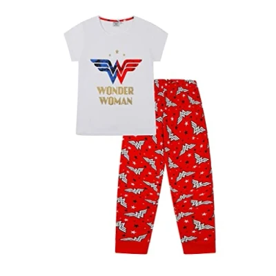 Image of DC Comics Wonder Woman Long Ladies Cotton Pyjamas White Red (8 10)
