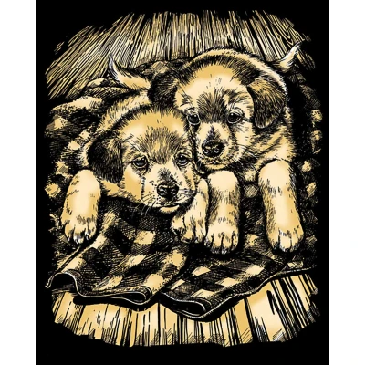 Image of Mammut Spiel &amp; Geschenk 1032 Gold, Approx. 10&quot; x 8&quot; Artfoil, Animal Motif, Puppies, Dogs, Complete Picture, Knife and Instructions, Scraper, Shiny, Scratch Set for Children from 8 Years, Mittel