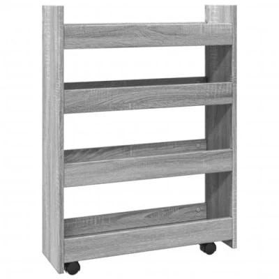 Image of vidaXL Narrow Storage Trolley 4 Tier Bookcase Grey Sonoma Engineered Wood Rolling Cart for Living Room/Kitchen/Bathroom, 60x20x82 cm, Mobile &amp; Slim, with Lockable Wheels