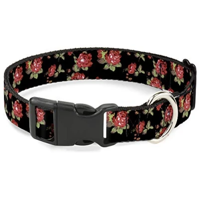 Image of Buckle Down 11 17&quot; Red Roses Scattered Black Plastic Clip Collar, Medium