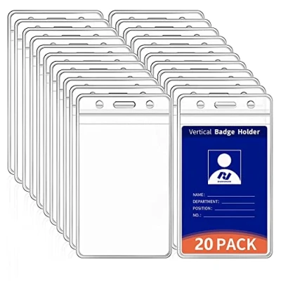 Image of VOVIGGOL 20 Pack Extra Thick Vertical ID Badge Holder Clear Card for Breakaway Lanyard, Key Plastic with Waterproof Resealable, Name Tag Protector Office School