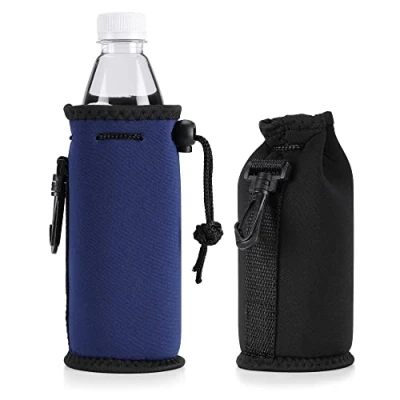 Image of kwmobile Cooler Jacket for Bottles Neoprene 500ml Bottle with Clip Bags and Drawstring Closure Set of 2, Black/Blue