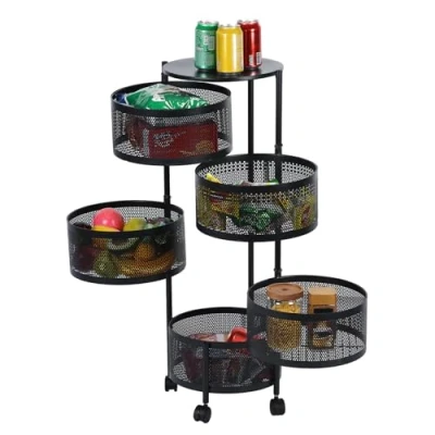 Image of ilkqeppe Kitchen Storage Cart, 5 Tier Circular Rotating Basket, Large Rack with 360 Degree Wheels, Fruit Vegetable Metal Wire Shelf Top Lid for Living Room, Office