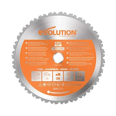 Image of Evolution Power Tools R255TCT 28T 255 mm Multi Material Mitre Saw Blade (AKA Wood Blade, Metal Cutting TCT Blade) Carbide Tipped Cuts Wood, and Plastic