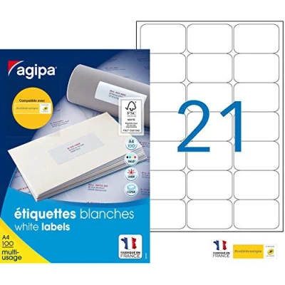 Image of Agipa 118984 White Labels for Inkjet Printers Laser and Photocopiers 63.5x38.1 mm Box of 2,100