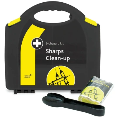 Image of Reliance Medical 5 Application Sharps Clean Up Kit Complete with Safe Disposal Products, Handling and Protective Items, Meets HSE Standards, Packaged in Black Yellow Aura Box for Maximum Safety