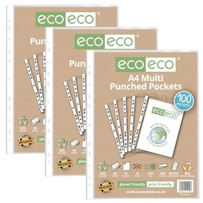 Image of eco A4 100% Recycled Multi Punched Pockets Glass Clear, Transparent Poly Wallet Sheet Protector, 45 Microns, 3 Packs of 100 Wallets, eco010x3