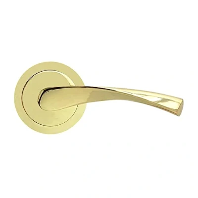 Image of Micel 07081 Handle Set with Wide Rosette (65 mm) and Aluminium Handle, Brass Finish, Glossy Gold Colour, 135 x 65 mm