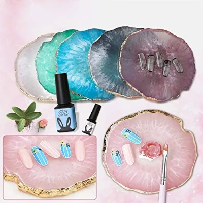 Image of Polish Mix Palette, Resin Nail Art Palette Paint Drawing Color Dish Golden Edge Stone Manicure DIY Tool(Pink)