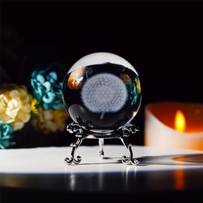 Image of HDCRYSTALGIFTS 3D Carving Dandelion Crystal Ball Glass Sphere Display Paperweight with Sliver Plated Flowering Stand,2.4inch(60mm)