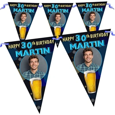 Image of Personalised Mens Beer Lager Happy Birthday Party PHOTO Flag Banner Bunting N71 10 Flags inc ribbon 18th 21st 30th 40th 50th ANY AGE!