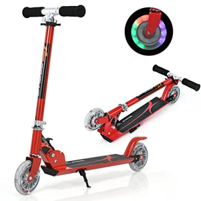 Image of Maxmass Two Wheels Kick Scooter, Height Adjustable Kids Sport Scooters with Light Up Wheels, Aluminum Folding Outdoor Scooter for Boys Girls, Weight to 70kg (Red)