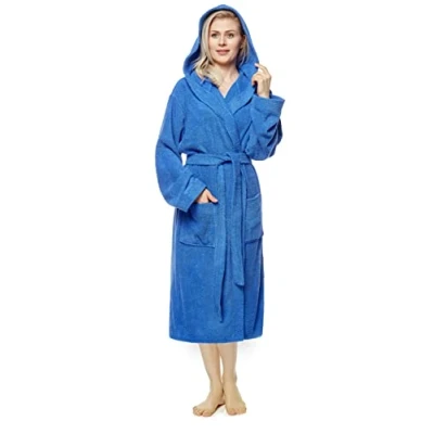 Image of Arus Women&#039;s bathrobe with hood, calf length, 100% cotton terry, women`s size: M, unisex S Royal Blue