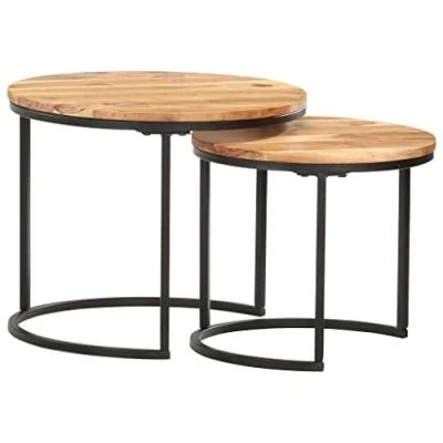 Image of vidaXL 2x Rough Mango Wood Nesting Tables Home Living Room Bedroom Furniture Wooden Coffee Sofa Side End Round Couch Accent Tea Table