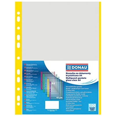 Image of Punched Pockets DONAU PP A4 Orange Peel 40 Micron Coloured Spine Feature Yellow 100pcs / Document Archiving/Type Crystal/Kind Edge/Material PP/Colour Yellow/Format
