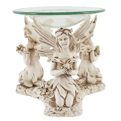 Image of Whimsical White Resin Fairy Oil Burner 11cm x 13cm (1 Pack) Enchanting Trio of Fairies Design Perfect for Home &amp; Decor