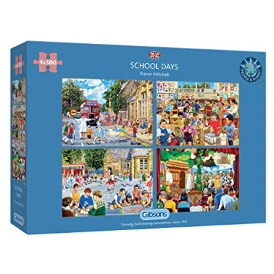 Image of School Days 4 x 500 Piece Jigsaw Puzzles Multi Box Sustainable Puzzle for Adults Premium 100% Recycled Board Great Gift Gibsons Games