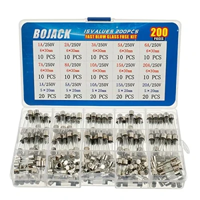 Image of BOJACK 15 Values 200 pcs Fast Blow Glass Fuse Assortment Kit 5x20mm 250V 1 5 10 20A 6x30mm 2 3 6 7 8 packag in a Clear Plastic Box