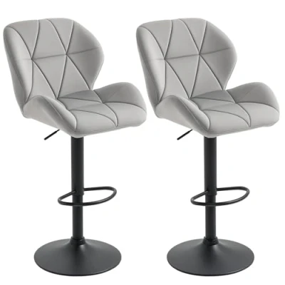 Image of HOMCOM Adjustable Bar Stools Set of 2, Armless Upholstered Swivel Counter Chairs, Barstools with Back, Footrest, Light Grey