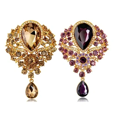Image of CAREOR 2 Pack Elegant Brooch Pin Corsage Faux Crystal Rhinestones Collar Safety Engraving Metal Lapel Jewelry (Champagne+Purple)