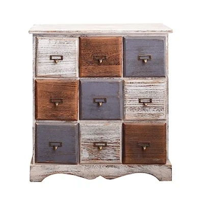 Image of Rebecca Mobili Cupboard Sideboard Chest of Drawers 9 White Gold Grey Wood Shabby Vintage Bedroom Living room 63 x 60 23 cm (H W D) Art. RE4077
