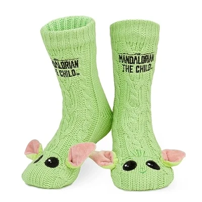 Image of Disney The Mandalorian Fluffy Socks, Baby Yoda Mens Slipper Warm Knitted Socks (Green)