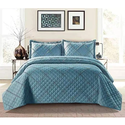Image of Householdfurnishing 3 Piece Quilted Bedspread Bed Embossed Bedding Set Throw Comforter with Pillow Shams (Ruffle Blue, Super King)