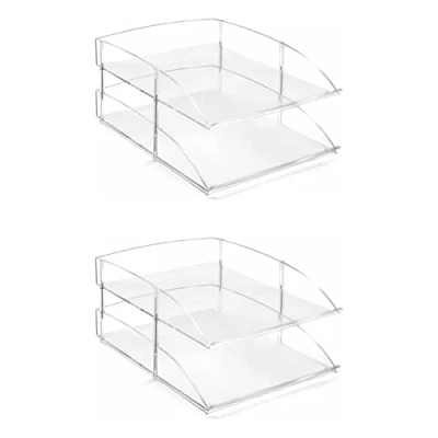 Image of OSCO Clear Acrylic Double Letter Tray 2 Pack 4 Trays &amp; Risers Included A4 Stackable File Organiser Paper Storage Office Desk Document Sorter Paperwork Filing H15 x W25.5 D35.5 cm