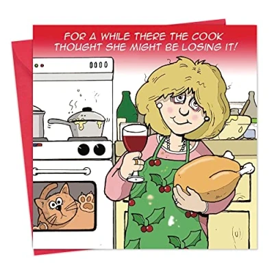 Image of Twizler Merry Christmas Card with Cooking &amp; Cat Happy Xmas Funny Womens Female For Her