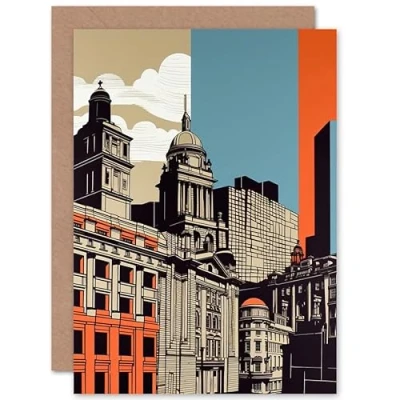 Image of Artery8 Leeds Modern Colour Block Cityscape Illustration Travel Birthday Sealed Greeting Card Plus Envelope Blank inside