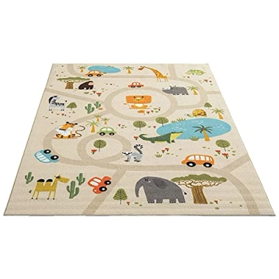 Image of the carpet Happy Life Children&#039;s Room Rug Play Mat Street Road, Jungle, Animals, Car, Beige, 160 x 220 cm