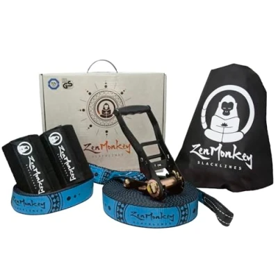 Image of ZenMonkey Slackline Kit with Tree Protectors, Cloth Carry Bag and Instructions, 60 Foot Easy Setup for the Family, Kids Adults
