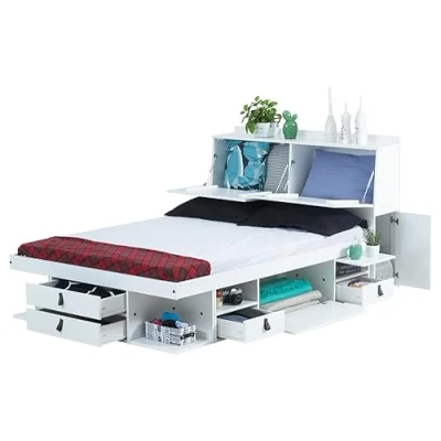 Image of Memomad Set Bali White: Storage bed Special double (140x190 cm) + headboard 150 Slatted Frame. Sturdy frame and with drawers, ideal for small bedrooms Pine MDF lacquered