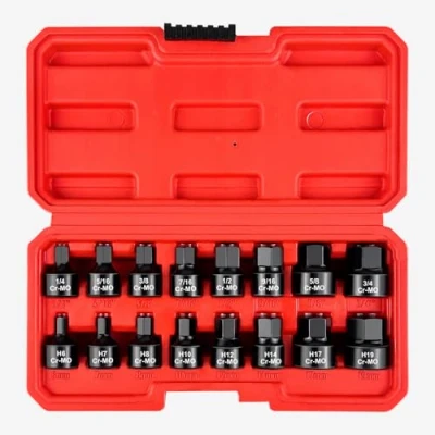 Image of WETT 3/8 Inch Drive Low Profile Impact Hex Driver Set, 16 Piece Stubby Bit Socket Cr Mo Steel, SAE/Metric, (1/4&quot; 3/4&quot;, 6 19mm)