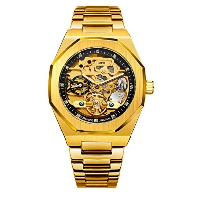 Image of Tourbillon Design Men&#039;s Analog Automatic Stainless Steel Wrist Watch Mechanical Skeleton Male Clock (Gold Black)